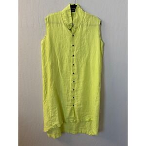 Eskandar Linen Button Front‎ Mandarin Collar Dress Chartreuse Green Sz 2